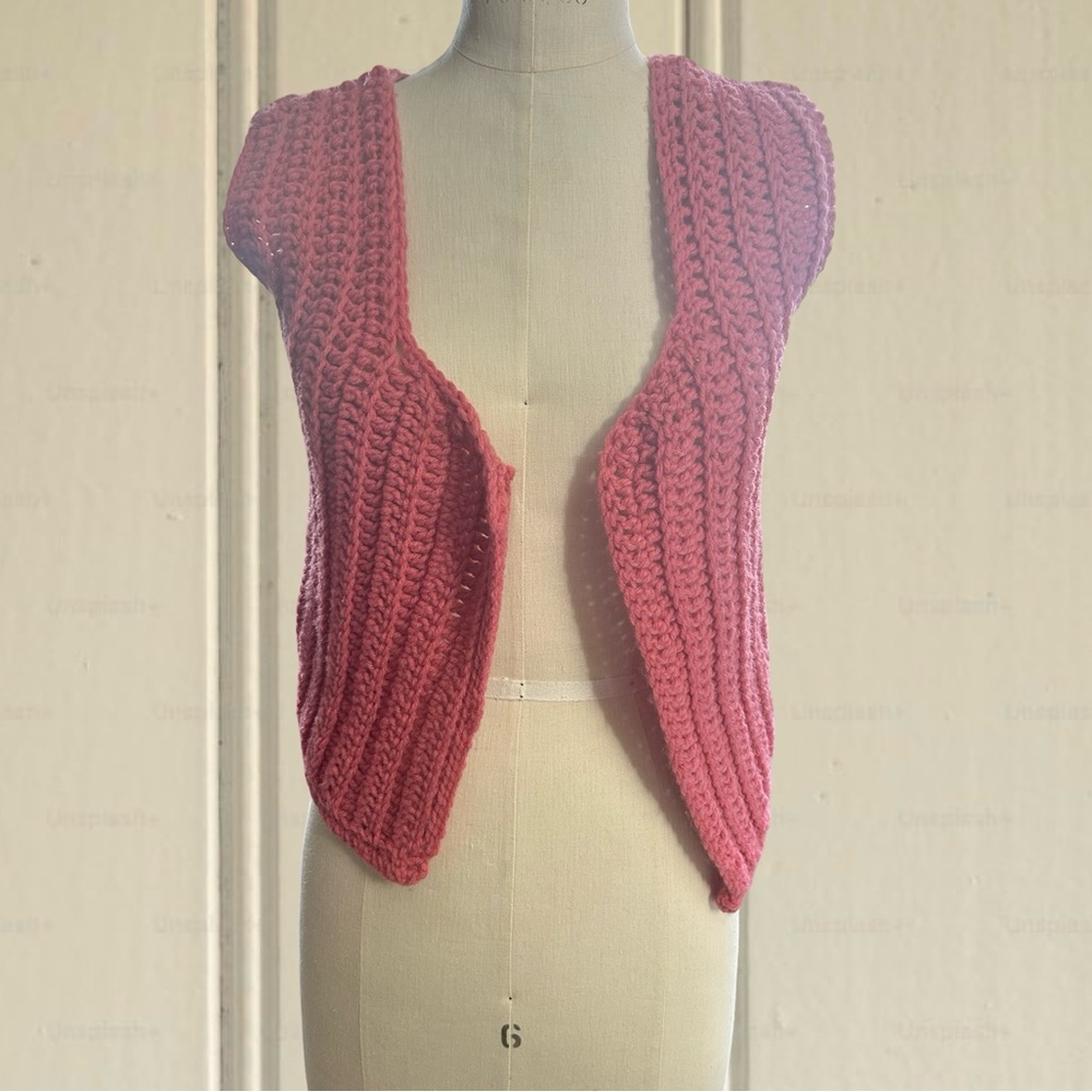 Handmade Knit/Crochet Sweater Vest Open Front Pink Women's Size Small